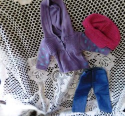 2013 AG DOLL CASUAL CHIC OUTFIT PURPLE SWEATER, PANTS, PINK HAT, SHOES